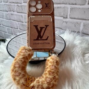 Luxury Style Brown Monogram iPhone Case Faux Fur Strap iPhone 15 pro case or 16